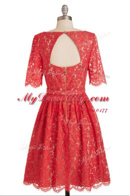 Ideal Lace Red Scoop Neckline Belt Evening Dress Short Sleeves Zipper