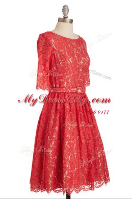 Ideal Lace Red Scoop Neckline Belt Evening Dress Short Sleeves Zipper