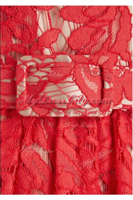 Ideal Lace Red Scoop Neckline Belt Evening Dress Short Sleeves Zipper