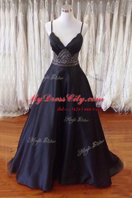 Beading Prom Party Dress Black Backless Sleeveless With Train Sweep Train