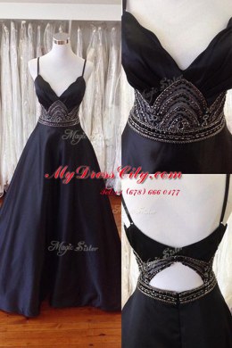 Beading Prom Party Dress Black Backless Sleeveless With Train Sweep Train