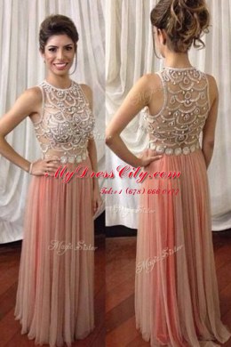 Scoop Sleeveless Prom Dresses Floor Length Beading Pink Tulle