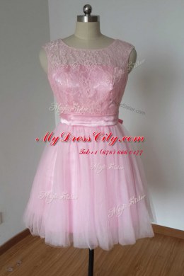 Sophisticated Pink Dress for Prom Prom and Party and For with Lace and Bowknot Scoop Sleeveless Backless
