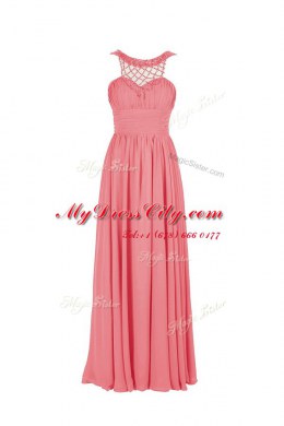 Scoop Sleeveless Floor Length Beading Zipper Evening Dress with Watermelon Red
