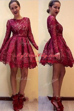 Modern Scoop Red Long Sleeves Knee Length Lace Zipper Prom Evening Gown