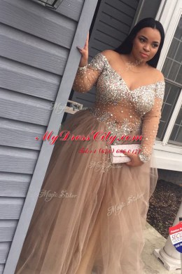 Scoop Grey Long Sleeves Beading Zipper Prom Dress