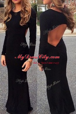 Designer Mermaid Scoop Long Sleeves Homecoming Dress Floor Length Ruching Black Elastic Woven Satin