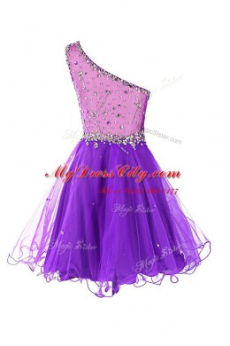 One Shoulder Black Organza Side Zipper Prom Gown Sleeveless Mini Length Beading