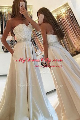 White A-line Satin Sweetheart Sleeveless Beading and Lace Floor Length Zipper Prom Dress