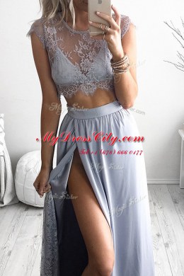 Fashion Scoop Tea Length A-line Cap Sleeves Silver Prom Gown Zipper