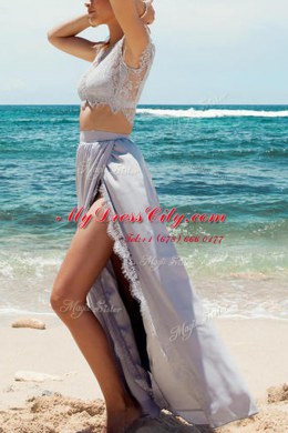 Fashion Scoop Tea Length A-line Cap Sleeves Silver Prom Gown Zipper