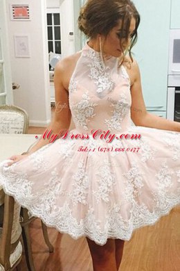Flare Sleeveless Mini Length Lace Zipper Prom Party Dress with Champagne