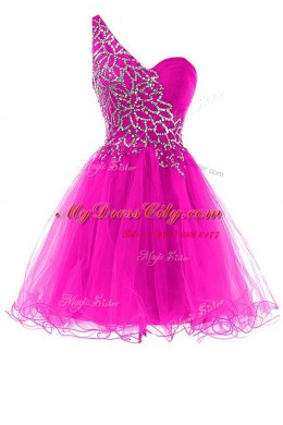 Excellent One Shoulder Organza Sleeveless Mini Length Prom Dresses and Beading