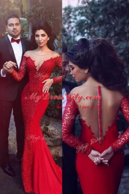 Glittering Mermaid Scoop Red Long Sleeves With Train Beading Zipper Prom Party Dress