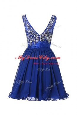 Classical Scoop Sleeveless Prom Evening Gown Knee Length Beading and Sashes ribbons Purple Chiffon
