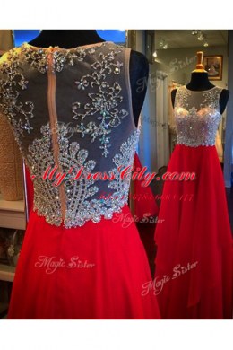 Fabulous Red Chiffon Zipper Scoop Sleeveless Floor Length Prom Dress Beading