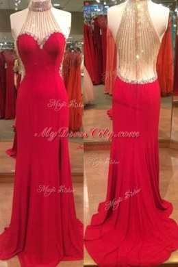 Mermaid Halter Top Sleeveless Floor Length Beading Zipper Homecoming Dress with Red