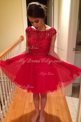 Traditional Red Cap Sleeves Beading Knee Length Prom Dress
