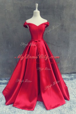 Latest Red A-line Off The Shoulder Short Sleeves Satin With Train Sweep Train Zipper Sashes ribbons and Bowknot Prom Dresses