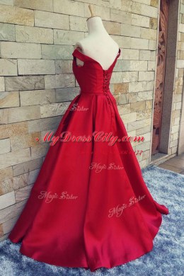 Latest Red A-line Off The Shoulder Short Sleeves Satin With Train Sweep Train Zipper Sashes ribbons and Bowknot Prom Dresses