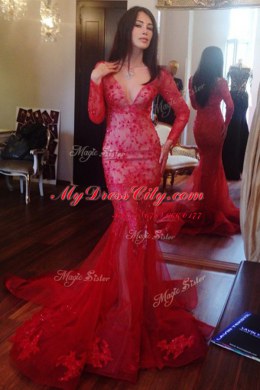 Elegant Mermaid Long Sleeves Tulle Sweep Train Zipper Evening Dress in Red with Beading and Lace