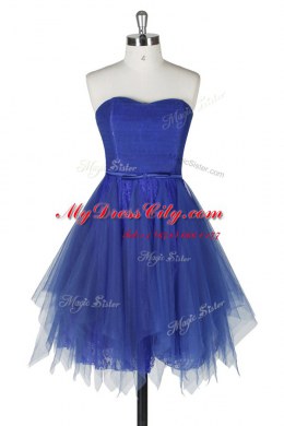 Customized Strapless Sleeveless Prom Dresses Knee Length Belt Royal Blue Tulle and Lace