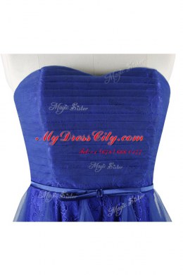 Customized Strapless Sleeveless Prom Dresses Knee Length Belt Royal Blue Tulle and Lace
