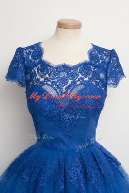 Scalloped Royal Blue Cap Sleeves Lace Knee Length Dress for Prom