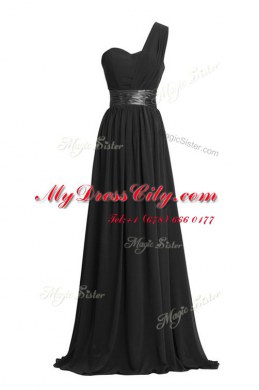 Smart One Shoulder Black Sleeveless Ruching and Belt Floor Length Prom Evening Gown