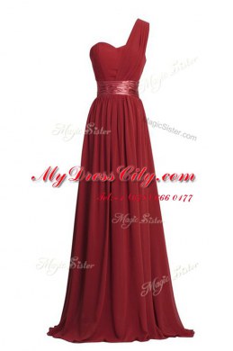 Smart One Shoulder Black Sleeveless Ruching and Belt Floor Length Prom Evening Gown