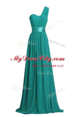 Smart One Shoulder Black Sleeveless Ruching and Belt Floor Length Prom Evening Gown