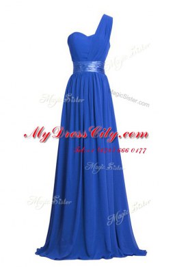 Smart One Shoulder Black Sleeveless Ruching and Belt Floor Length Prom Evening Gown