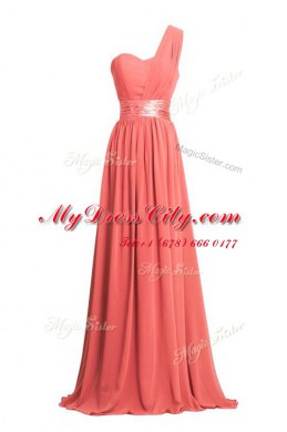 Smart One Shoulder Black Sleeveless Ruching and Belt Floor Length Prom Evening Gown