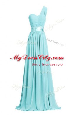 Smart One Shoulder Black Sleeveless Ruching and Belt Floor Length Prom Evening Gown