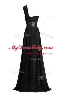 Smart One Shoulder Black Sleeveless Ruching and Belt Floor Length Prom Evening Gown
