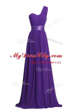 Smart One Shoulder Black Sleeveless Ruching and Belt Floor Length Prom Evening Gown