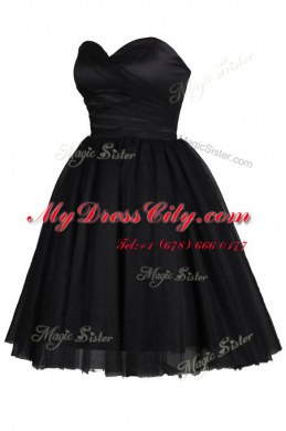 Custom Design Black Tulle Zipper Prom Evening Gown Sleeveless Knee Length Ruching and Belt