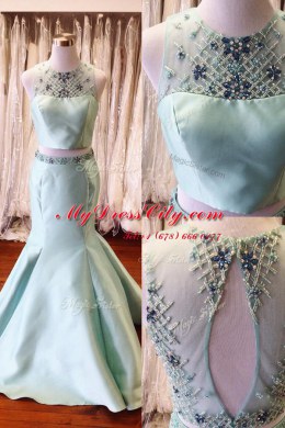Glittering Scoop Floor Length Mermaid Sleeveless Light Blue Prom Dress Backless