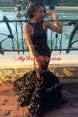 Customized Black Mermaid Scoop Sleeveless Satin Floor Length Backless Lace Womens Evening Dresses