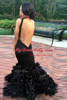 Customized Black Mermaid Scoop Sleeveless Satin Floor Length Backless Lace Womens Evening Dresses