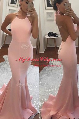 Fashion Mermaid Peach Prom Evening Gown Prom and Party and For with Beading Spaghetti Straps Sleeveless Sweep Train Backless