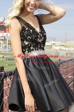 Fine Satin V-neck Sleeveless Zipper Beading and Appliques Prom Gown in Black