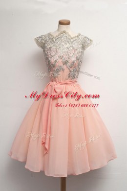 Peach A-line Scalloped Cap Sleeves Chiffon Knee Length Zipper Appliques Cocktail Dress