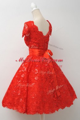 Best Scalloped Red Cap Sleeves Lace Zipper Dress for Prom for Prom and Party