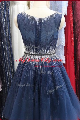 Fabulous Scoop Navy Blue Sleeveless Beading Knee Length Prom Dresses
