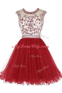 Scoop Wine Red Cap Sleeves Mini Length Beading Zipper Prom Dresses