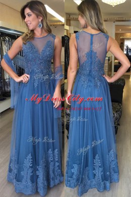 Scoop Blue Zipper Prom Dresses Beading and Appliques Sleeveless Floor Length