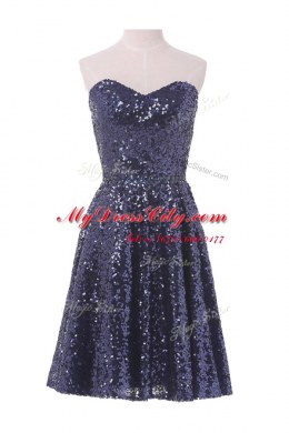 Sweetheart Sleeveless Prom Dress Knee Length Sequins Navy Blue Sequined