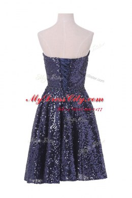 Sweetheart Sleeveless Prom Dress Knee Length Sequins Navy Blue Sequined