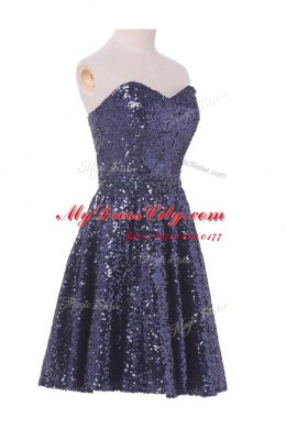 Sweetheart Sleeveless Prom Dress Knee Length Sequins Navy Blue Sequined
